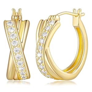 14K Gold Hoop Earrings 14K Gold Earrings for Women Thick Small Diamond Hoop Earrings X-shaped Gold Huggie Earrings Gold Hoop Earrings for Women 19MM