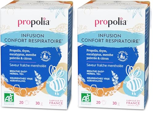 PROPOLIA - Bio - Infusion confort respiratoire - Propolis, Thym, Eucalyptus, Menthe poivrée & Citron - Fabriquée en France - 20 Sachets (Lot de 2)