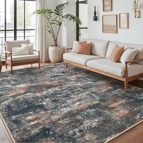 Area Rugs 10x14 for Living Room Bedroom, Modern Abstract Machine Washable Rug, Large Soft Low Pile Floor Cover with Non Slip Backing for Dining Room, Dark Blue Rust