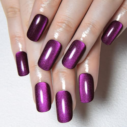 evpct Purple Blue Metallic Cat Eye Press on Nails Square Medium, ...