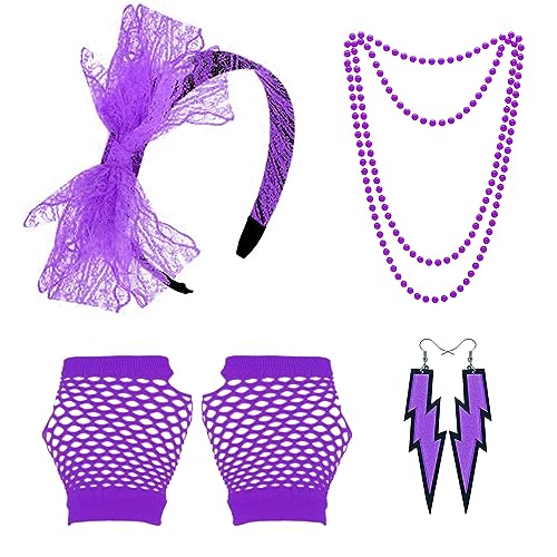 Grantop 80s Fancy Dress Costume Accessories for Women 1980s Fancy Party Costume Set including Lace Headband Earrings Necklace Fishnet Glove