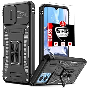 FRLMOOES Capa para Motorola Moto E22/E22i 5G com 2 protetores de tela de vidro temperado, capa com suporte para Motorola Moto E22/E22i com capa de câmera deslizante e suporte de anel magnético de 360°