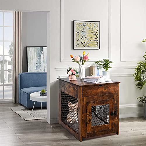 Dog Crate Furniture, Wooden Dog Crate Side End Table, Dog Kennel With Drawer Pad And Tray, Furniture-Style Dog Crates For Small Dog Indoor Use, Rustic Brown #TOP5