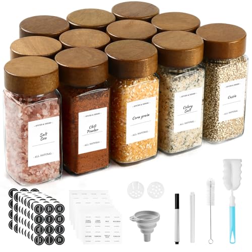 SXTIHD Tarros de especias de vidrio y madera, 12 × 120 ml. Juego de recipientes para especias con tapas de madera de acacia, etiqueta