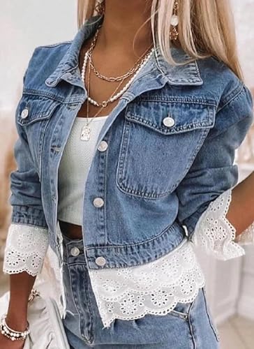 Women's 2025 Blue Single-Breasted Denim Coat Lapel Lace-Trimmed Pockets Short Jacket Fall Winter Trendy Outwear2