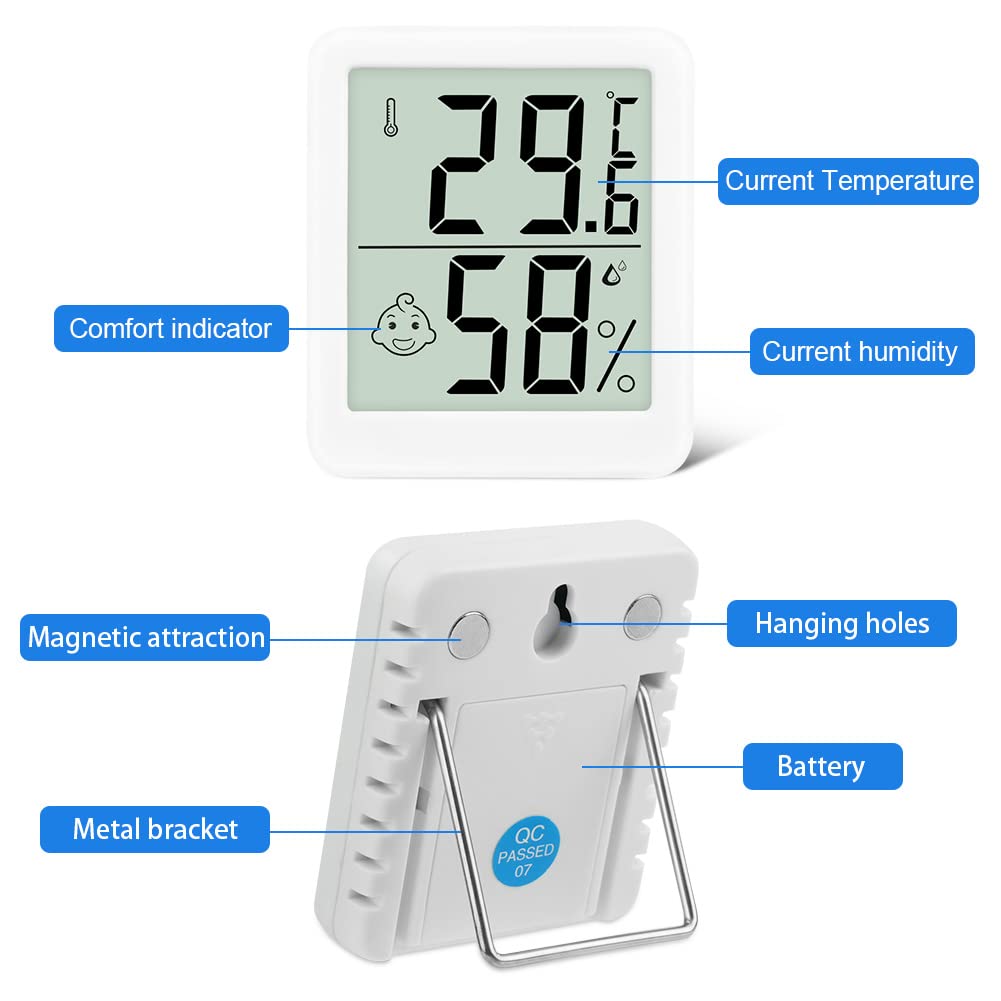 Flintronic Thermometer Hygrometer, 3PCS Digital Mini Thermometer and Hygrometer with Metal Stand, Thermohygrometer with Smile Face Indicating Data for Indoor, Living Room, Baby Room, Office (White) — view 2