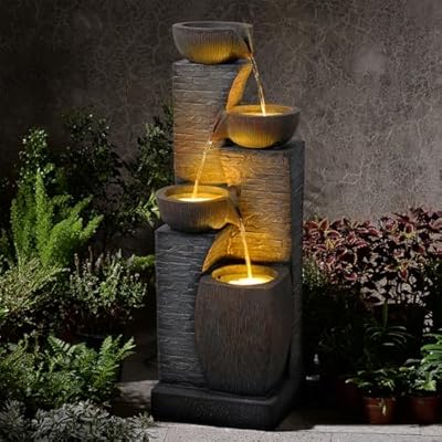 KAISOKU 38.2" Tall Outdoor Water Fountain,Stone Texture Modern 4 Tiers Cascading Bowls Garden Fountains Outdoor,Suit for Patio, Deck, Porch, Lawns, Backyard and Home Art Decor