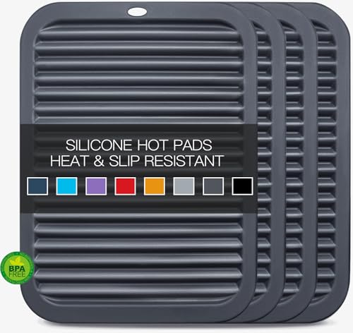 Image of 4 PCS Silicone Trivet for Hot Dishes, Silicone Hot Pads Trivets Mat for Hot Pots and Pans, Heat Resistant Hot Mats, Pot Holders, Tables Mats for Countertop, Jar Opener, Drying Mat (Dark Grey)