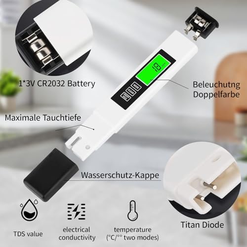 3in1 TDS Messgerät mit EC sowie Temperatur Meter, Digitaler Wasserqualität-Tester, Messbereich 0-9999ppm, Schnelles genaues Wassertestgerät Wassertester, für Wasser, Pflanzen, Aquarien, Trinkwasser