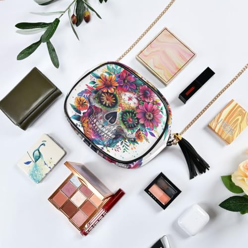 Image of ALAZA Women's Colorful Human Skull Mexican Floral Tattoo PU Leather Crossbody Bag Shoulder Purse with Tassel
