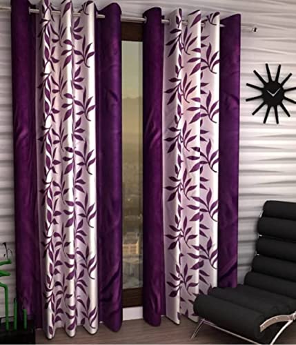 Image of WOAH Polyester Floral Door Curtain Door Window Curtain Premium Polyester Weaved Parda Modern Parde for Living Room Bedroom Home Office Screens Eyelet Ring 9-feet (Purple)