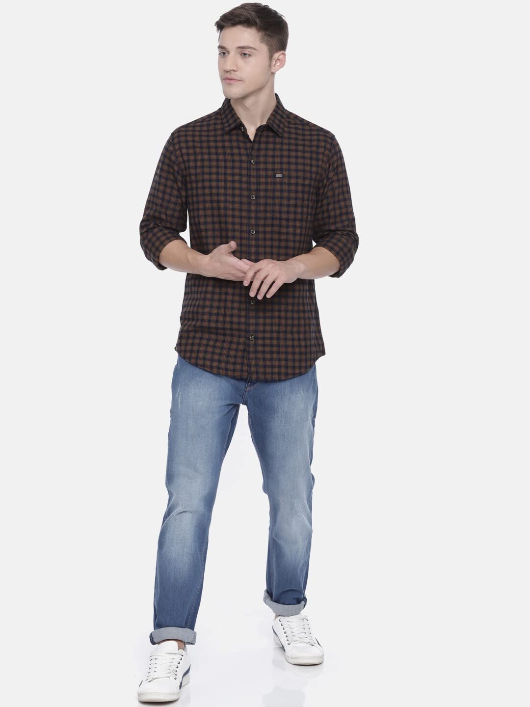 The Indian Garage Co Men's Checkered Slim Fit Casual Shirt (1218-SH06-03_Khakhi_Khakhi_M-102CM) 2