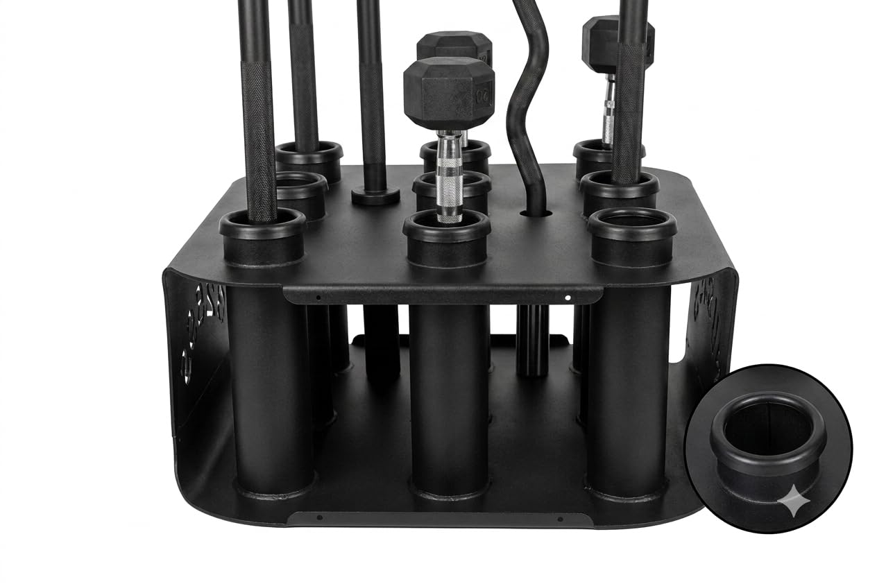Barbell Bar Holder Rack, Holds 9 Bars | Heavy-Duty Steel Build, UHMW Lined Sleeves, Vertical Storage, Home & Commercial Gyms, Stable Base-image-44