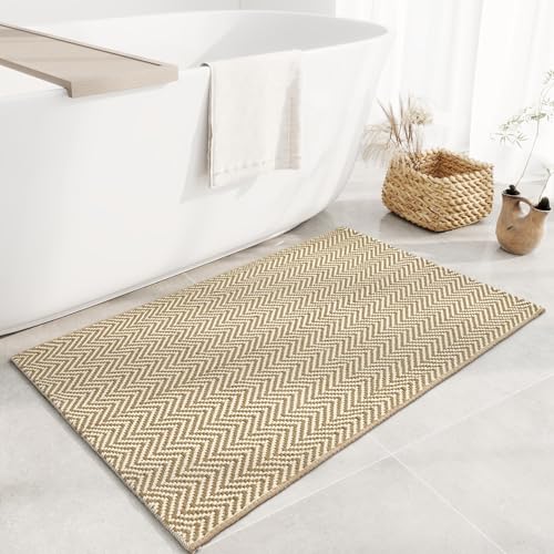 Tyrot Boho Small Bathroom Rugs 2x3 Washable Rug for Entryway Woven Cotton Beige and Cream Front Door Mat Farmhouse Reversible Low Pile Front Porch Rug Carpet for Kitchen Foyer Entrance Indoor Laundry