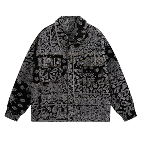 Men's Loose Fit Denim Jacket With Paisley Bandana Print Jacquard Weave Turn-Down Collar Single Breasted Casual Outerwear
