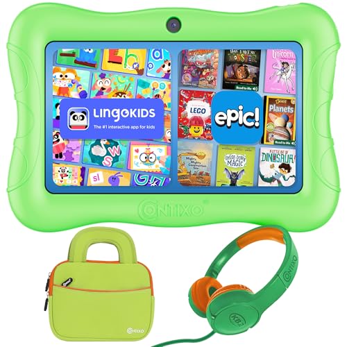 Image of Contixo 7 inch Kids Tablet Bundle - Android Tablets and Kids Wired Headphones, with 14+ Games and Educational Apps, WiFi, 32GB ROM, Learning Tablet for Kids - Green