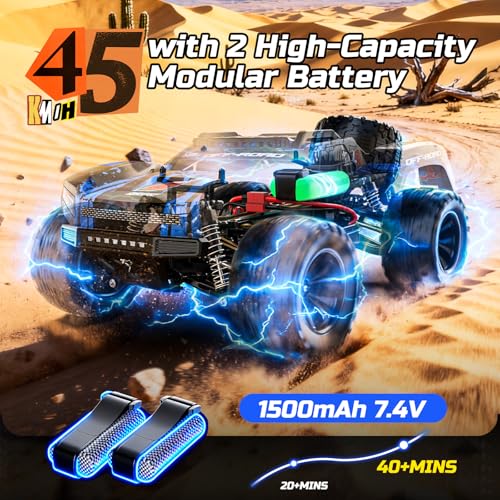 Image of DEERC 1:12 Fast RC Cars 45KPH, 4WD High Speed Short Course RC Truck, Off-Road All Terrain Remote Control Car with 2 Batteries & Spare Tire, 2.4GHz Desert RC Monster Truck for Adults Kids Boys Gift