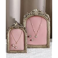 Wonderjune 2 Pcs Gold Jewelry Display Stand Vintage Necklace Organizer Ring Holder Earring Tray Resin Jewelry Photography Props Frame with Velvet Backing for Gifts(Pink,Large,Small,Elegant)