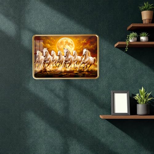 Image of Dharvika Innovations 7 Running Horses Photo Frame, Ultra High Gloss Lamination, Vastu Painting for Living Room, Office, 12x18 Inch (Design 10)