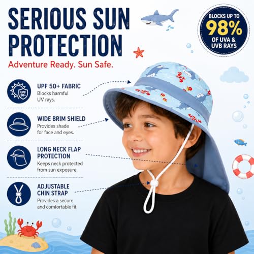 Image of VRITRAZ Sun Protection UPF50+ Bucket Hat Toddler Summer Beach Play Hats with Neck Flap for Girl, Boy, Kids Summer Hat, Bucket Hat for Kids Ages 3-10 Years