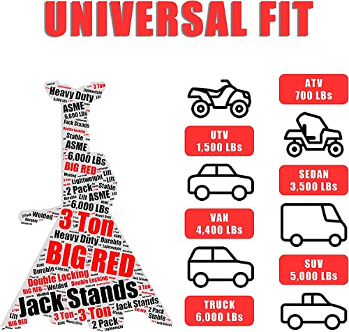 Big Red Tam43002A Torin Steel Jack Stands: Double Locking, 3 Ton (6,000 Lb) Capacity, Red, 1 Pair #TOP3