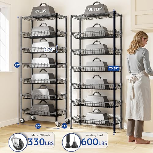 Image of DurayLoly 7-Tier Wire Shelving Unit with Basket Shelf & Locking Wheels, Storage Shelves with Hooks for Space-Saving Kitchen Pantry Bathroom Closet Organizer, 72 inch H x 30 inch W x 14 inch D, Black