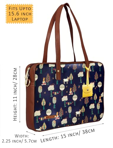 Image of Funk For Hire Women's Navy Blue Brown Printed Faux Leather 15.6 inch Laptop Handbag Sling with Waterproof Nylon Lining Cushioned Sleeve Adjustable Padded Strap Organizer