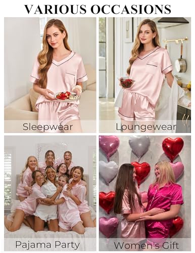 Image of Silk Pajamas for Women Short Sleeve Satin 2 Piece Pj Set Soft V Neck Sleepwear Loungewear, S-XXL