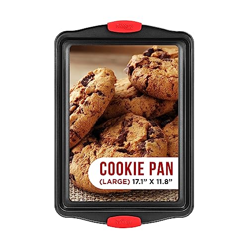 Nonstick Cookie Sheet Pan Carbon Steel Oven Tray Sheet Pan with Red Silicone Handles -large Bakeware Pan Tray with Gray Coating Inside & Outside