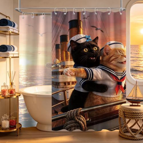 Image of Extra Long Shower Curtain Crazy Black Cat Clawfoot Tub, 108 x 72 in | for Extra Wide 108 Inchs Shower, Interesting Boys Design, Large XL Bathroom Decor Sets Waterproof Cloth Fabric, with Hooks