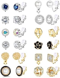 JeweBella 12Pairs Clip on Earrings for Women Girls Hypoallergenic Non Pierced Clip Earrings Zircon Pearl Crystal Clip on Earrings Jewelry Silver Gold