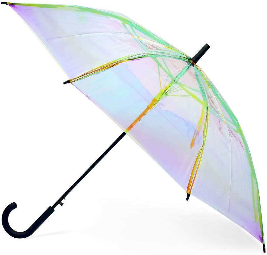 FCTRY Holographic 46" Wide Umbrella - Clear Holo Iridescent - Fashionable, Durable, Windproof & Weather-Resistant for Outdoors, Rain, Sun | Black