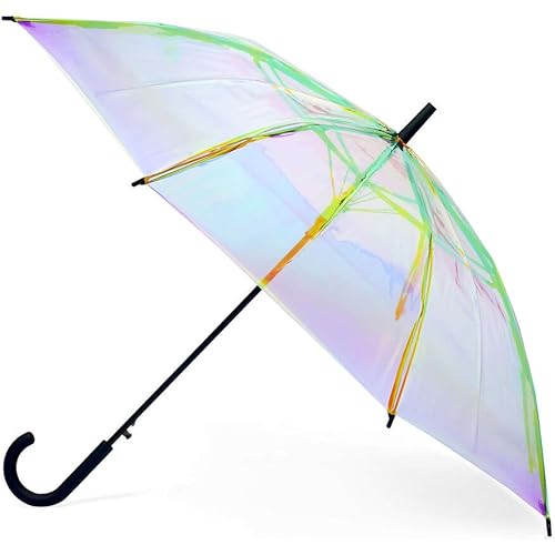 FCTRY Holographic 46" Wide Umbrella - Clear Holo Iridescent - Fashionable, Durable, Windproof & Weather-Resistant for Outdoors, Rain, Sun | Black