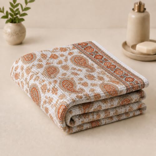 Image of Pure Cotton Printed Waffle Towel | Lightweight | Antimicrobial and Water Absorbent | Soft Touch Quick-Drying Bath Towel (Paisley Charm, Pack of 1)