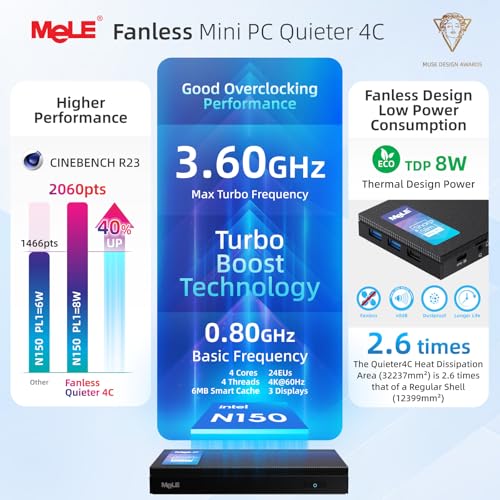 Image of MeLE Quieter 4C Fanless Mini PC N150 (up to 3.6GHz) 8GB RAM 128GB eMMC | Support 2 HDMI + USB-C Triple Display, WiFi 5 BT5.1 GbE, Quiet, No Dust, Support Win11 /10 & Linux, Unlocked BIOS, Low Power