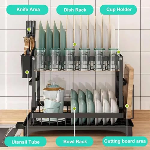 Image of HomeCloud 2-Tier Kitchen Dish Drying Rack & Drainer | Large Capacity Dish Stand with 360 Flexible Drainage System, Removable Drip Tray, Cutlery Holder & Cup Organizer for Countertop (Dark Black)