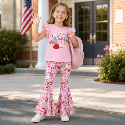 Image of Little Girls 2 Piece Outfits Ruffle Sleeve Unicorn Sweatshirts Top and Leggings Set School Outfits Kids Clothing Set