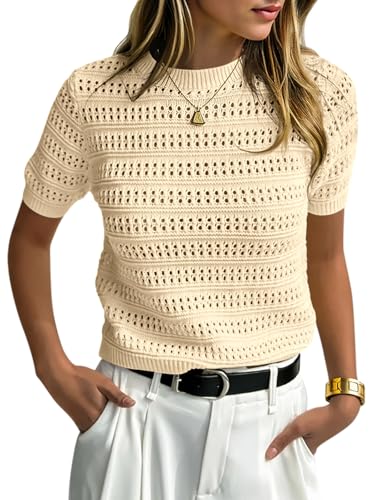 Image of Saodimallsu Womens Short Sleeve Crochet Sweaters Summer Boho Pullover Tops