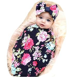 Galabloomer Receiving Blanket Headband Set Flower Print Baby Swaddle Receiving Blankets… (Navy Blue Rose)