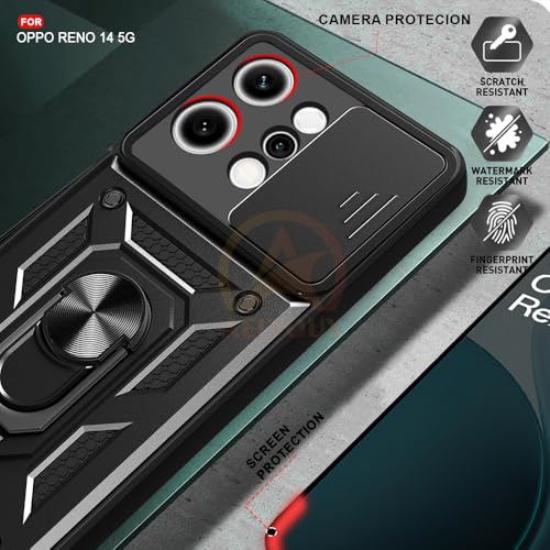 Image of Armor Bumper Back Cover Case for Oppo Reno 14 5G Rotating Camera Cover, Ring Holder & Kickstand | Heavy Duty & 360 Degree Protection Oppo Reno 14 5G Back Cover (Black)