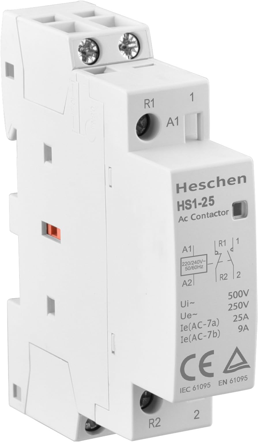 Heschen Household AC Contactor, HS1-25, 2 Pole 1NO 1NC, AC 220V/230V Coil Voltage, 35 mm DIN Rail Mount