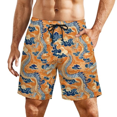 Lucky Dragon Novelty Men's Swim Trunk Quick Dry Summer Beach Shorts Swimwear with Pocket