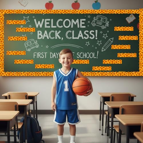 Image of BeYumi Basketball Sport Border Trim - 65ft Back to School Basketball Sport on Orange Scalloped Rolled Border Trim Ball Sports Theme Bulletin Board Set Party School Classroom Chalkboard Wall Decoration