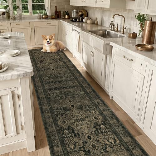 Vintage Washable Runner Rug: Boho 2x8 Hallway Runner for Kitchen Stain Resistant Non Slip - Thin Low Pile for Entryway Indoor - Dark Green
