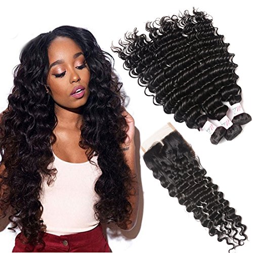 Brazilian Deep Wave 3 Bundles with Middle Part Lace Closure (14 16 18 with 12) Deep Curly Hair Bundles with 4×4 Lace Closure Human Hair Weave Weft Natural Color