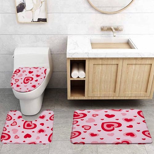 VPUPCN Valentine's Day 3 Pcs Bath Rugs Set,Red Pink Heart Sweetheart Romantic Love Couple Modern Bathroom Kitchen Rug with 17.8