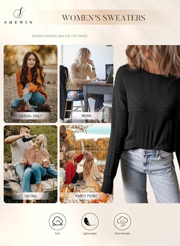 Image of SHEWIN Fall Sweaters for Women Casual Crewneck Long Sleeve Crochet Pullover Tops Sweater