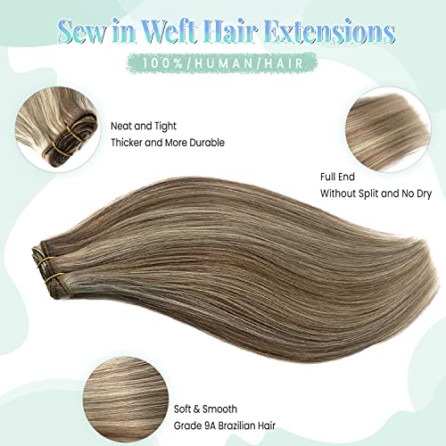 Image of Sew in Hair Extensions Real Human Hair, 16 Inch 100G Weft Hair Extensions Human Hair, Ash Brown and Blonde Balayage Ash Blonde Highlights Hand Tied Weft Hair Extensions Human Hair Weave Bundles