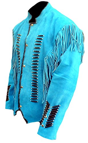 Image of Classyak Men's Native Indian Western Suede Jacket Fringes & Bones