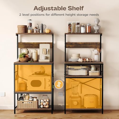 Image of 4-Tier Baker's Rack and Coffee Bar Table | Kitchen Microwave Stand with 6 S-Hooks | Storage Shelf for Spices, Pots and Pans | Rustic Brown | 60x40x125 cm